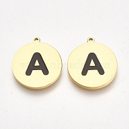 304 Stainless Steel Pendants, with Enamel, Flat Round with Letter, Golden, Black, Letter.A, 17x15x1.5mm, Hole: 1mm(STAS-S107-34A)