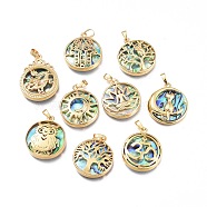 Natural Abalone Shell/Paua Shell Pendants, with Brass Findings, Flat Round, Golden, 31.5x27.5x5.5~8.5mm, Hole: 4.5x7mm(BSHE-I014-G)