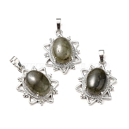 Natural Labradorite Pendants, Flower Charms, with Platinum Tone Brass Findings, Cadmium Free & Lead Free, 32x23x9.5~10.5mm, Hole: 7x5mm(G-B033-03P-25)