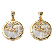 Brass Micro Pave Cubic Zirconia Pendants, with Natural Shell, Real 18K Gold Plated, Nickel Free, Flat Round, Creamy White, 16.5x15x3mm, Hole: 2.5x4mm(KK-N233-358)
