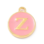 Golden Plated Alloy Enamel Charms, Enamelled Sequins, Flat Round with Alphabet, Letter.Z, Pink, 14x12x2mm, Hole: 1.5mm(X-ENAM-Q437-14Z)