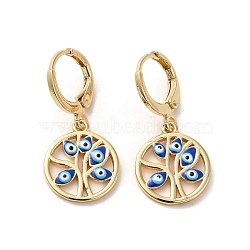 Tree with Evil Eye Real 18K Gold Plated Brass Dangle Leverback Earrings, with Enamel, Royal Blue, 28.5x13.5mm(EJEW-Q797-19G-03)