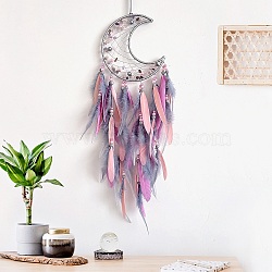 Cotton Woven Suncatchers, Feather Hanging Decorations, Moon, Pink, 510mm(PW-WG53AB2-02)