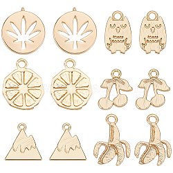 12Pcs 6 Styles Brass Charms, Flat Round with Hemp Leaf & Cherry & Mountain & Owl & Banana & Orange, Real 18K Gold Plated, 9.5~13x7~10x1~1.5mm, Hole: 1~1.5mm, 2pcs/style(KK-BC0010-13)