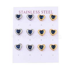 Ion Plating(IP) 304 Stainless Steel Heart Stud Earrings, with Micro Pave Cubic Zirconia, Golden & Stainless Steel Color, Blue, 10x9mm(EJEW-C099-13PG-04)