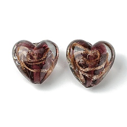 Handmade Gold Sand Lampwork Beads, Inner Flower, Heart, Coconut Brown, 21x20.5x13.5mm, Hole: 1.8mm(FOIL-B001-06A)