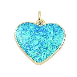 Brass Pave Synthetic Opal Heart Pendants, Long-Lasting Plated, Rack Plating, Lead Free & Cadmium Free, Deep Sky Blue, Real 18K Gold Plated, 16x18x3mm, Hole: 3mm(KK-I723-20G)