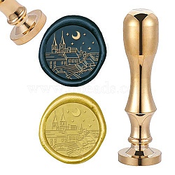 DIY Scrapbook, Brass Wax Seal Stamp and Handle Sets, City with Moon Pattern, Golden, 87x20mm, Stamp: 2.55cm(AJEW-WH0105-09H)