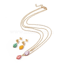 Synthetic Shell Leaf Pendant Double Layer Necklaces and Dangle Stud Earrings, Gold Plated 304 Stainless Steel Jewelry Sets for Women, Colorful, 16.34 inch(41.5cm), 24mm, Pin: 0.8mm(SJEW-F217-04G)