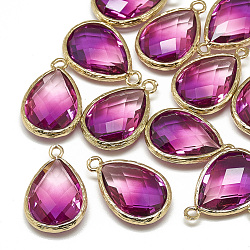 Glass Pendants, with Golden Tone Brass Findings, Faceted, teardrop, Medium Violet Red, 23x15x7mm, Hole: 1.5~2mm(GLAA-Q068-12A-05)