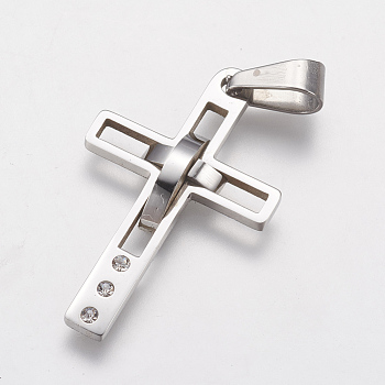 316 Surgical Stainless Steel Pendants, with Rhinestone, Cross, Stainless Steel Color, 30x18x3mm, Hole: 3x6mm