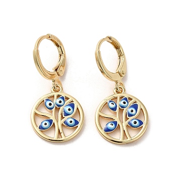 Tree with Evil Eye Real 18K Gold Plated Brass Dangle Leverback Earrings, with Enamel, Royal Blue, 28.5x13.5mm