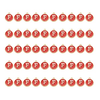 Golden Plated Alloy Charms, with Enamel, Enamelled Sequins, Flat Round, Red, Letter.F, 14x12x2mm, Hole: 1.5mm, 50pcs/Box