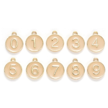 Light Gold Plated Alloy Enamel Charms, Enamelled Sequins, Flat Round with Number, Number 0~9, PeachPuff, 14.5x12x2.5mm, Hole: 1.4mm, 10pcs/set
