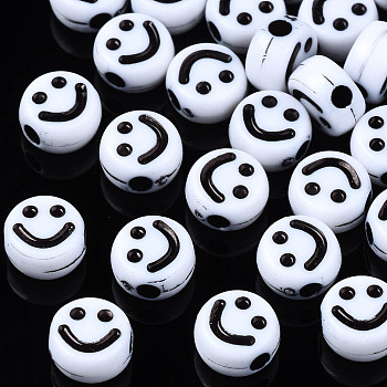 Opaque Acrylic Beads, Flat Round with Smiling Face, White, 7x4mm, Hole: 1.8mm, about 367pcs/50g