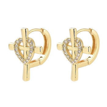 Rack Plating Cross Brass Hoop Earrings, with Clear Cubic Zirconia, Cadmium Free & Lead Free, Long-Lasting Plated, Real 18K Gold Plated, 18.5x13.5x13.5mm