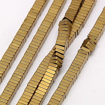 Electroplate Non-magnetic Synthetic Hematite Heishi Beads Strands, Thin Slice Flat Square Beads, Frosted, Grade A, Golden Plated, 2x2x1mm, Hole: 1mm, about 400pcs/strand, 16 inch