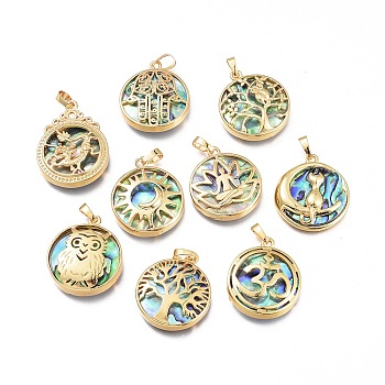 Natural Abalone Shell/Paua Shell Pendants, with Brass Findings, Flat Round, Golden, 31.5x27.5x5.5~8.5mm, Hole: 4.5x7mm