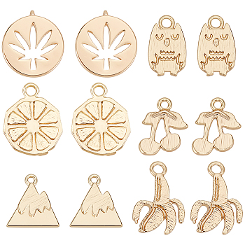 12Pcs 6 Styles Brass Charms, Flat Round with Hemp Leaf & Cherry & Mountain & Owl & Banana & Orange, Real 18K Gold Plated, 9.5~13x7~10x1~1.5mm, Hole: 1~1.5mm, 2pcs/style