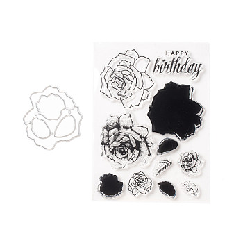 Clear Silicone Stamps and Carbon Steel Cutting Dies Set, for DIY Scrapbooking, Photo Album Decorative, Cards Making, Stamp Sheets, Birthday, Flower Pattern, Stamps: 11x15x0.35cm; Cutting Dies Stencils: 5.8x6.2x0.07cm, 2pcs/set