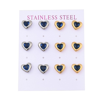 Ion Plating(IP) 304 Stainless Steel Heart Stud Earrings, with Micro Pave Cubic Zirconia, Golden & Stainless Steel Color, Blue, 10x9mm