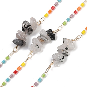 Brass Link Chains, with Glass Seed Beads & Natural Smoky Quartz Beads, Long-Lasting Plated, Soldered, with Spool, Golden, 2x2mm, about 16.40 Feet(5m)/Roll