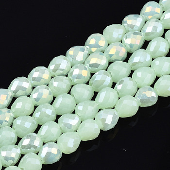 Electroplate Glass Beads Strands, Imitation Jade Glass, AB Color Plated, Faceted, Teardrop, Light Green, 4.5x4.5mm, Hole: 1mm, about 100~101pcs/strand, 17.87 inch~18.03 inch(45.4cm~45.8cm)