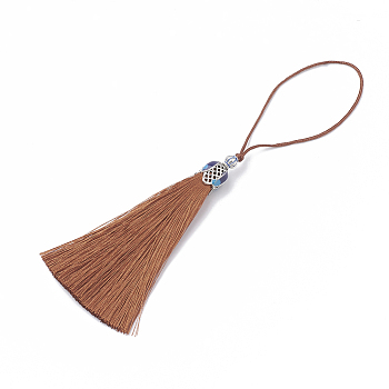 Nylon Tassel Big Pendant Decorations, with Enamel and Alloy Findings, Platinum, Chocolate, 80~84x10.5~11mm