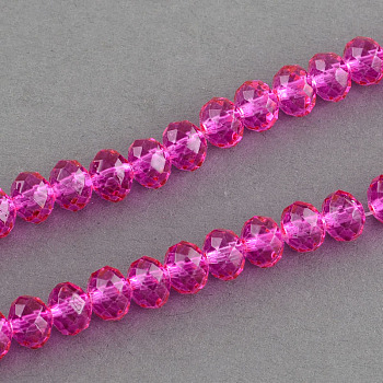 Spray Painted Glass Bead Strands, Faceted, Rondelle, Hot Pink, 8x6mm, Hole: 1mm, about 78pcs/strand, 15.7 inch