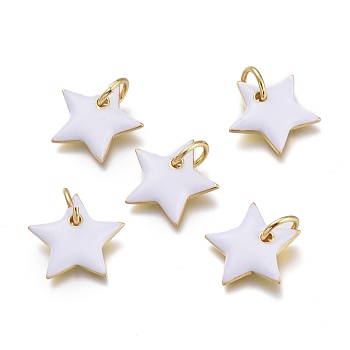 Brass Pendants, with Enamel and Jump Rings, Star, Real 18K Gold Plated, White, 15x16x3mm, Hole: 5mm