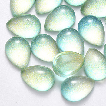 Transparent Spray Painted Glass Cabochons, with Glitter Powder, Teardrop, Aquamarine, 18x13x7mm