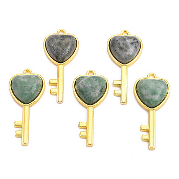 Natural Green Spot Jasper Pendants, with Light Gold Plated Brass Findings, Key with Heart Charm, 38x17x6.5~7mm, Hole: 1.8mm