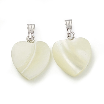 Natural Trochid Shell/Trochus Shell Pendants, Heart Charms, with Platinum Tone Iron Findings, Seashell Color, 17~17.5x14.5x3.5mm, Hole: 5.5x2mm