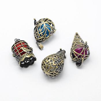 Rack Plating Brass Cage Pendants, Chime Ball Pendants, with Brass Bell Beads, Lead Free & Cadmium Free, Mixed Shpes, Brushed Antique Bronze, 34~35x18~24x20~23mm, Hole: 4.5x5~7mm