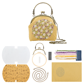 DIY Ethnic Style Flower Pattern Embroidery Crossbody Bags Kits, Including Kiss Lock Frame with Handle, Plastic Imitation Bamboo Embroidery Hoop, Bag Chain, Needle, Threads, Fabric, Instruction, Mixed Color, 453x271x0.4mm