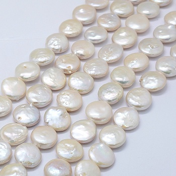 Natural Baroque Pearl Keshi Pearl Beads Strands, Cultured Freshwater Pearl, Flat Round, Floral White, 14~15x5~6mm, Hole: 0.5mm, about 26~28pcs/strand, 14.96 inch(38cm)