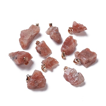 Natural Strawberry Quartz  Pendants, with Light Gold Brass Loops, Nuggets, 16~30x10~19x7~12mm, Hole: 4.5x4mm