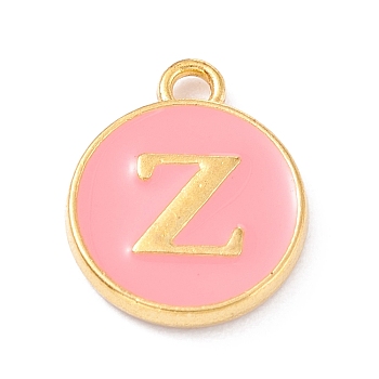Golden Plated Alloy Enamel Charms, Enamelled Sequins, Flat Round with Alphabet, Letter.Z, Pink, 14x12x2mm, Hole: 1.5mm