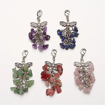 Natural Gemstone Big Pendants, Cluster Pendants, with Alloy Pendants and Brass Lobster Claw Clasps, Antique Silver & Platinum, Butterfly, Mixed Color, 56.5mm