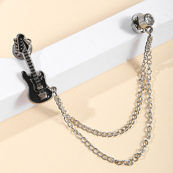 Chain Tassel Dangle Brooch Pin, Guitar Alloy Black Enamel Hanging Chain Brooch for Jackets Hats Bags, Platinum, 150x40mm