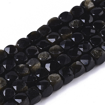 Natural Golden Sheen Obsidian Beads Strands, Faceted, Cube, 5~5.5x5~5.5x5~5.5mm, Hole: 1mm, about 77pcs/strand, 14.96 inch(38cm)