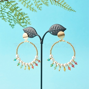 Round Shell Pearl Beads & Glass Beads Big Ring Dangle Stud Earrings(X1-EJEW-TA00013)-2