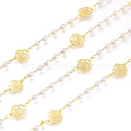 3.28 Feet Brass Handmade Beaded Chains, with CCB Plastic Beads, Soldered, Long-Lasting Plated, Rose, Golden, Link: 4x2.5x3mm and 2.5x1.7x0.3mm(X-CHC-H101-16G)