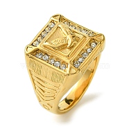 Ion Plating(IP) Square with Bird 304 Stainless Steel Rhinestone Signet Rings, Wide Band Ring for Men, Golden, US Size 8~12(18.1~21.4mm)(RJEW-Q815-04G-M)