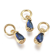 Brass Micro Pave Cubic Zirconia Charms, with Jump Ring, Long-Lasting Plated, Real 18K Gold Plated, Faceted, Teardrop, Blue, 8x3x3mm, Hole: 3mm(ZIRC-F111-04G-07)