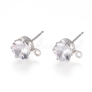 Brass Stud Earring Findings, with 316 Surgical Stainless Steel Pin, Cubic Zirconia and Loop, Long-Lasting Plated, Flat Round, Real Platinum Plated, Clear, 8x6x5.5mm, Hole: 1mm, Pin: 0.7mm(KK-L199-B01-P)