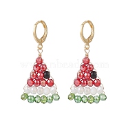 Glass Braided Beaded Watermelon Dangle Leverback Earrings, Brass Wire Wrap Jewelry for Women, Colorful, 40mm, Pin: 0.8mm(EJEW-TA00139)