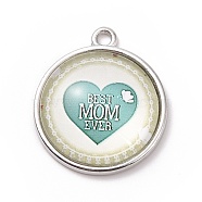 Mother's Day Theme Alloy Glass Pendants, Flat Round with Word, Medium Aquamarine, 23.5x20x6mm, Hole: 2mm(FIND-A014-02B)