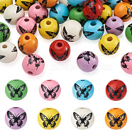 Fashewelry 80Pcs 8 Colors Printed Natural Wood Beads, Round with Butterfly Pattern, Mixed Color, 15~16mm, Hole: 3.6~4.2mm, 10pcs/color(WOOD-FW0001-09)