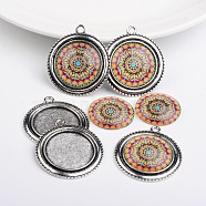Flat Round Alloy Pendant Cabochon Bezel Settings and Geometric Flower Printed Glass Cabochons, Antique Silver, Colorful, Settings: Tray: 25mm, 40x35x2mm, Hole: 3mm, Cabochons: 25x7mm(TIBEP-X0171-03)
